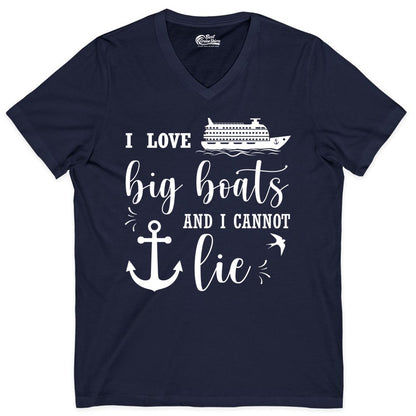 Funny Cruise Shirt - Nautical Big Boats Shirt for Cruise Lovers (V-Neck) in Navy - I Love Big Boats And I Cannot Lie Funny Cruise Shirt Nautical Anchor