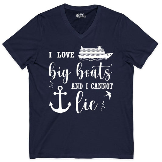 Funny Cruise Shirt - Nautical Big Boats Shirt for Cruise Lovers (V-Neck) in Navy - I Love Big Boats And I Cannot Lie Funny Cruise Shirt Nautical Anchor