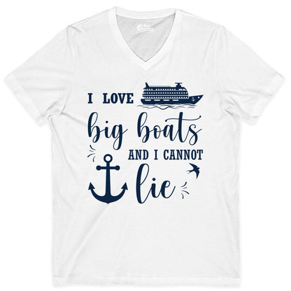Funny Cruise Shirt - Nautical Big Boats Shirt for Cruise Lovers (V-Neck) in White - I Love Big Boats And I Cannot Lie Funny Cruise Shirt Nautical Anchor