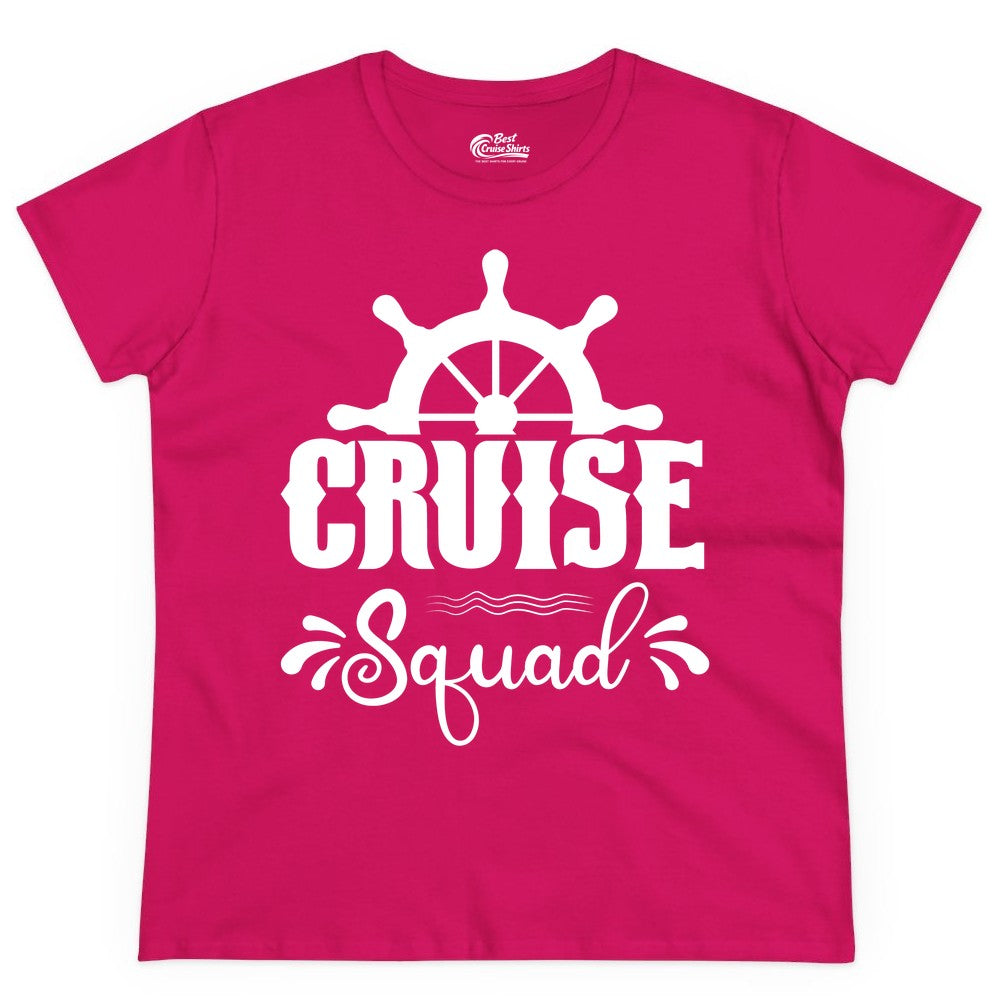 Cruise Squad Shirt - Matching Cruise Group Nautical Apparel (Ladies Tee) in Heliconia - Cruise Squad Shirt - Nautical Wheel Matching Cruise Group Tee Design