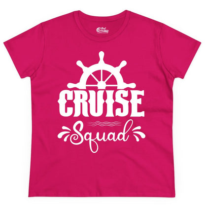 Cruise Squad Shirt - Matching Cruise Group Nautical Apparel (Ladies Tee) in Heliconia - Cruise Squad Shirt - Nautical Wheel Matching Cruise Group Tee Design