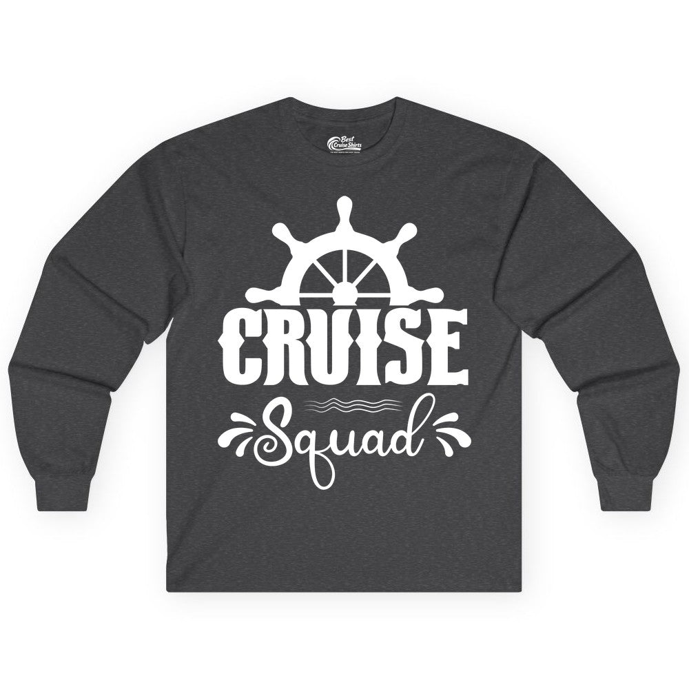 Cruise Squad Shirt - Matching Cruise Group Nautical Apparel (Long Sleeve) in Dark Heather - Cruise Squad Shirt - Nautical Wheel Matching Cruise Group Tee Design
