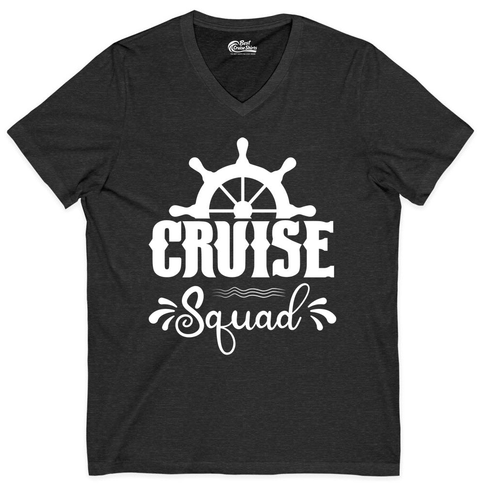 Cruise Squad Shirt - Matching Cruise Group Nautical Apparel (V-Neck) in Dark Grey Heather - Cruise Squad Shirt - Nautical Wheel Matching Cruise Group Tee Design