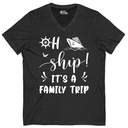 Funny Family Cruise Shirt - Oh Ship Family Vacation Group Tee (V-Neck) in Dark Grey Heather - Oh Ship It's A Family Trip - Funny Cruise Family Cruise Shirt