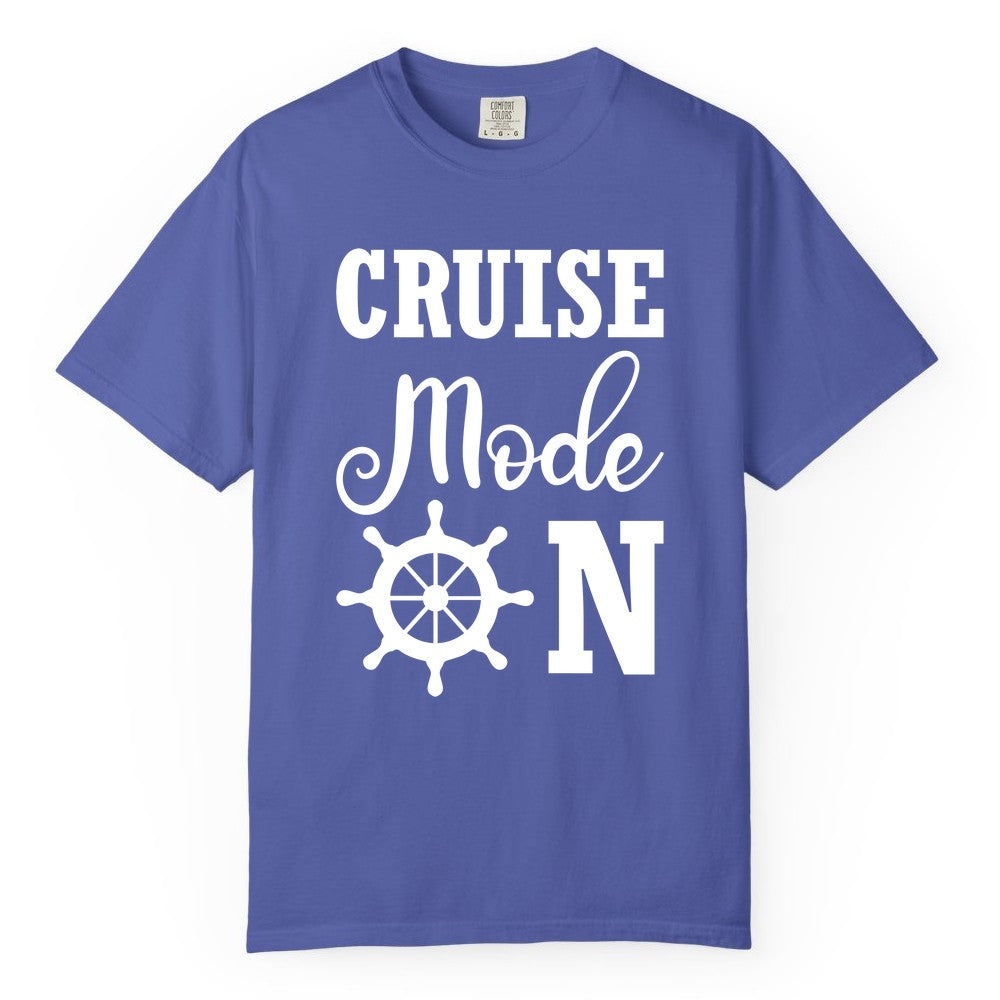 Cruise Mode On Shirt - Nautical Vacation Shirt for Cruise Travelers (Comfort Color) in Periwinkle - Cruise Mode On Shirt With Nautical Wheel Bold Vacation Design