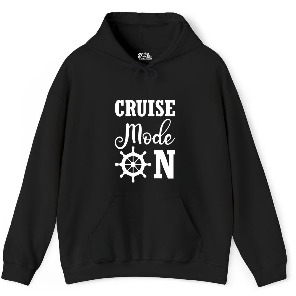Cruise Mode On Shirt - Nautical Vacation Shirt for Cruise Travelers (Hoodie) in Black - Cruise Mode On Shirt With Nautical Wheel Bold Vacation Design
