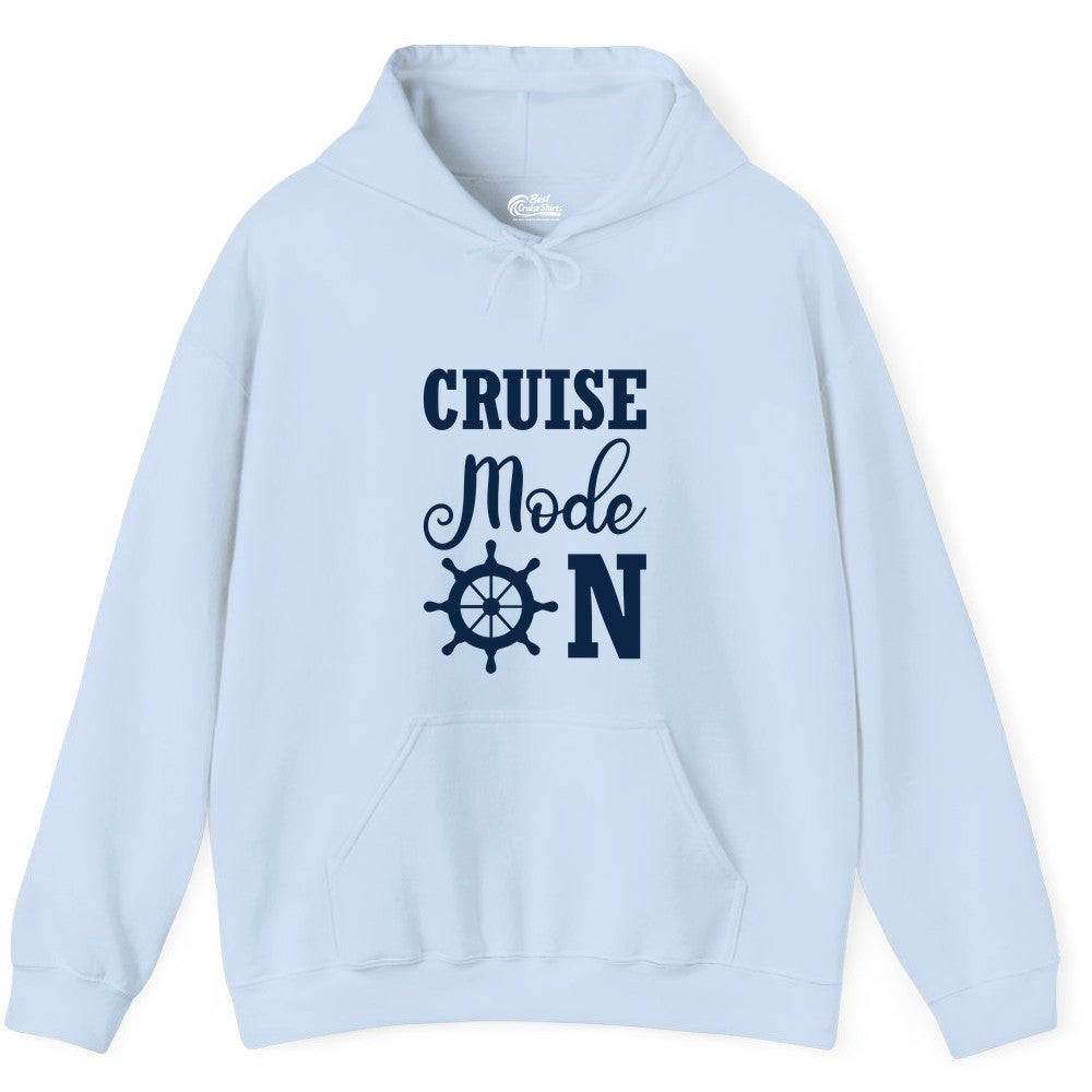 Cruise Mode On Shirt - Nautical Vacation Shirt for Cruise Travelers (Hoodie) in Light Blue - Cruise Mode On Shirt With Nautical Wheel Bold Vacation Design