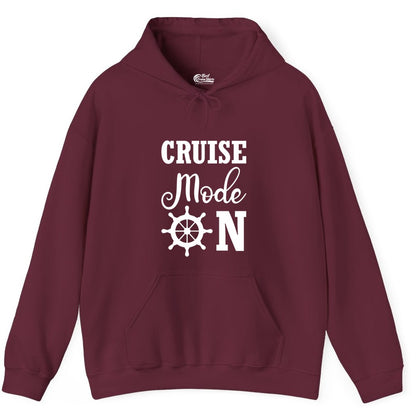 Cruise Mode On Shirt - Nautical Vacation Shirt for Cruise Travelers (Hoodie) in Maroon - Cruise Mode On Shirt With Nautical Wheel Bold Vacation Design