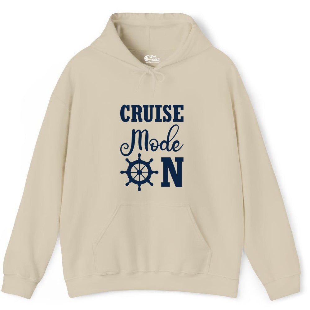Cruise Mode On Shirt - Nautical Vacation Shirt for Cruise Travelers (Hoodie) in Sand - Cruise Mode On Shirt With Nautical Wheel Bold Vacation Design