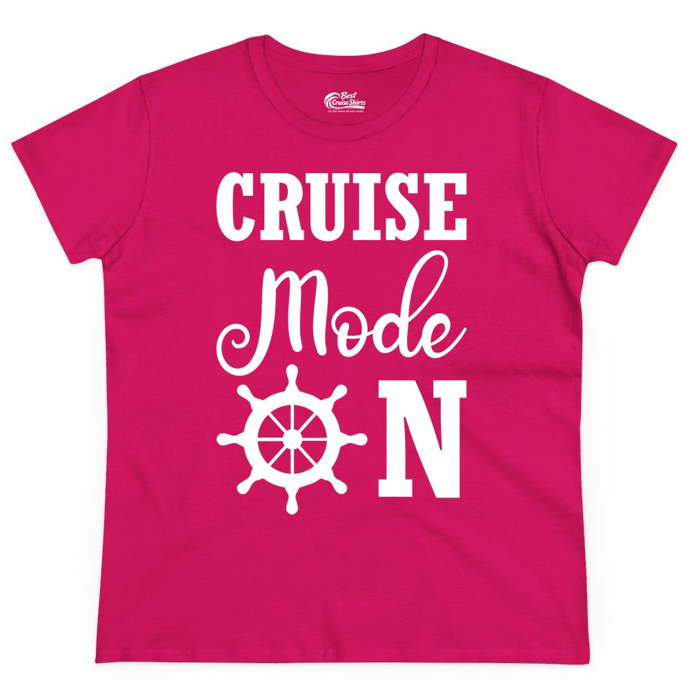 Cruise Mode On Shirt - Nautical Vacation Shirt for Cruise Travelers (Ladies Tee) in Heliconia - Cruise Mode On Shirt With Nautical Wheel Bold Vacation Design