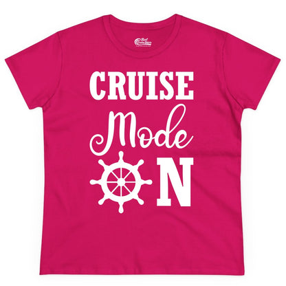 Cruise Mode On Shirt - Nautical Vacation Shirt for Cruise Travelers (Ladies Tee) in Heliconia - Cruise Mode On Shirt With Nautical Wheel Bold Vacation Design