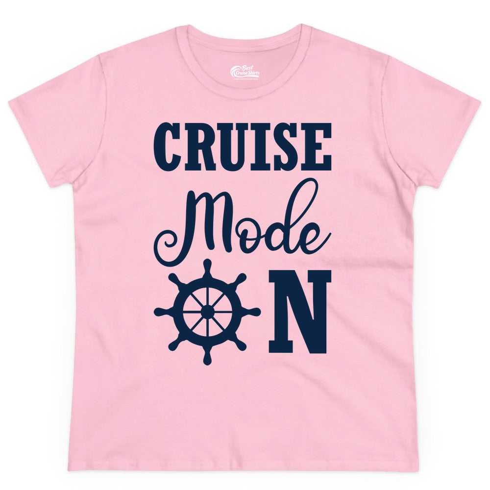Cruise Mode On Shirt - Nautical Vacation Shirt for Cruise Travelers (Ladies Tee) in Light Pink - Cruise Mode On Shirt With Nautical Wheel Bold Vacation Design