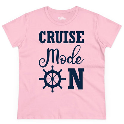 Cruise Mode On Shirt - Nautical Vacation Shirt for Cruise Travelers (Ladies Tee) in Light Pink - Cruise Mode On Shirt With Nautical Wheel Bold Vacation Design