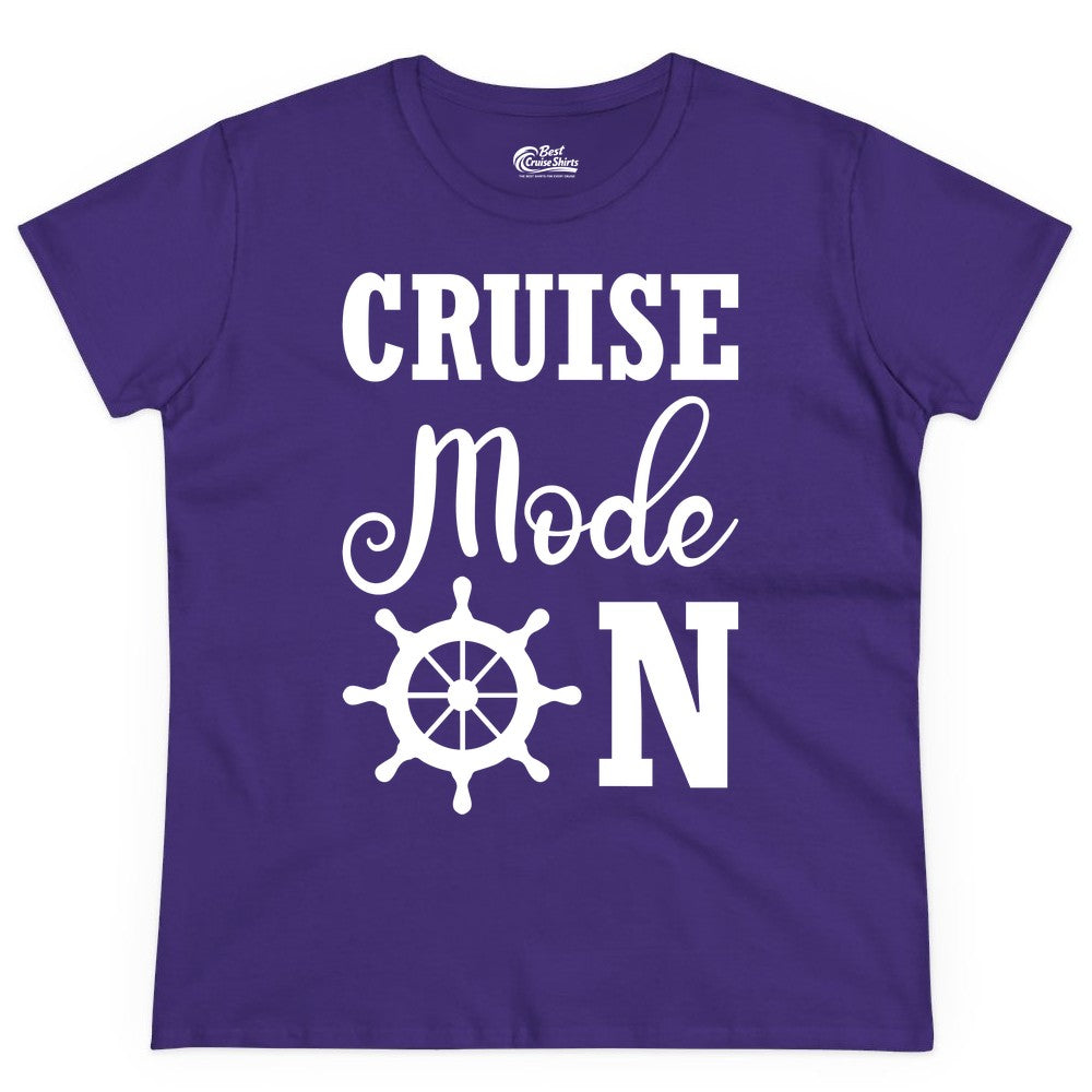 Cruise Mode On Shirt - Nautical Vacation Shirt for Cruise Travelers (Ladies Tee) in Purple - Cruise Mode On Shirt With Nautical Wheel Bold Vacation Design