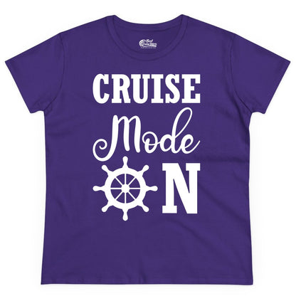 Cruise Mode On Shirt - Nautical Vacation Shirt for Cruise Travelers (Ladies Tee) in Purple - Cruise Mode On Shirt With Nautical Wheel Bold Vacation Design