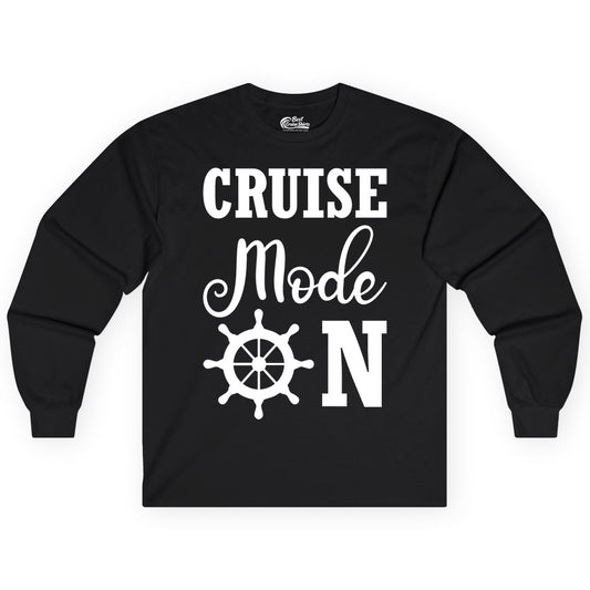 Cruise Mode On Shirt - Nautical Vacation Shirt for Cruise Travelers (Long Sleeve) in Black - Cruise Mode On Shirt With Nautical Wheel Bold Vacation Design