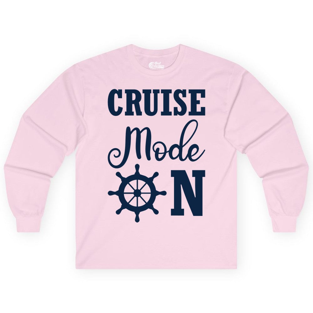 Cruise Mode On Shirt - Nautical Vacation Shirt for Cruise Travelers (Long Sleeve) in Light Pink - Cruise Mode On Shirt With Nautical Wheel Bold Vacation Design