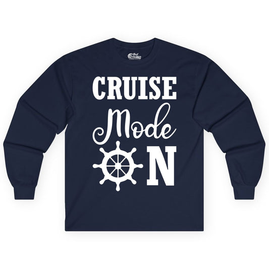 Cruise Mode On Shirt - Nautical Vacation Shirt for Cruise Travelers (Long Sleeve) in Navy - Cruise Mode On Shirt With Nautical Wheel Bold Vacation Design