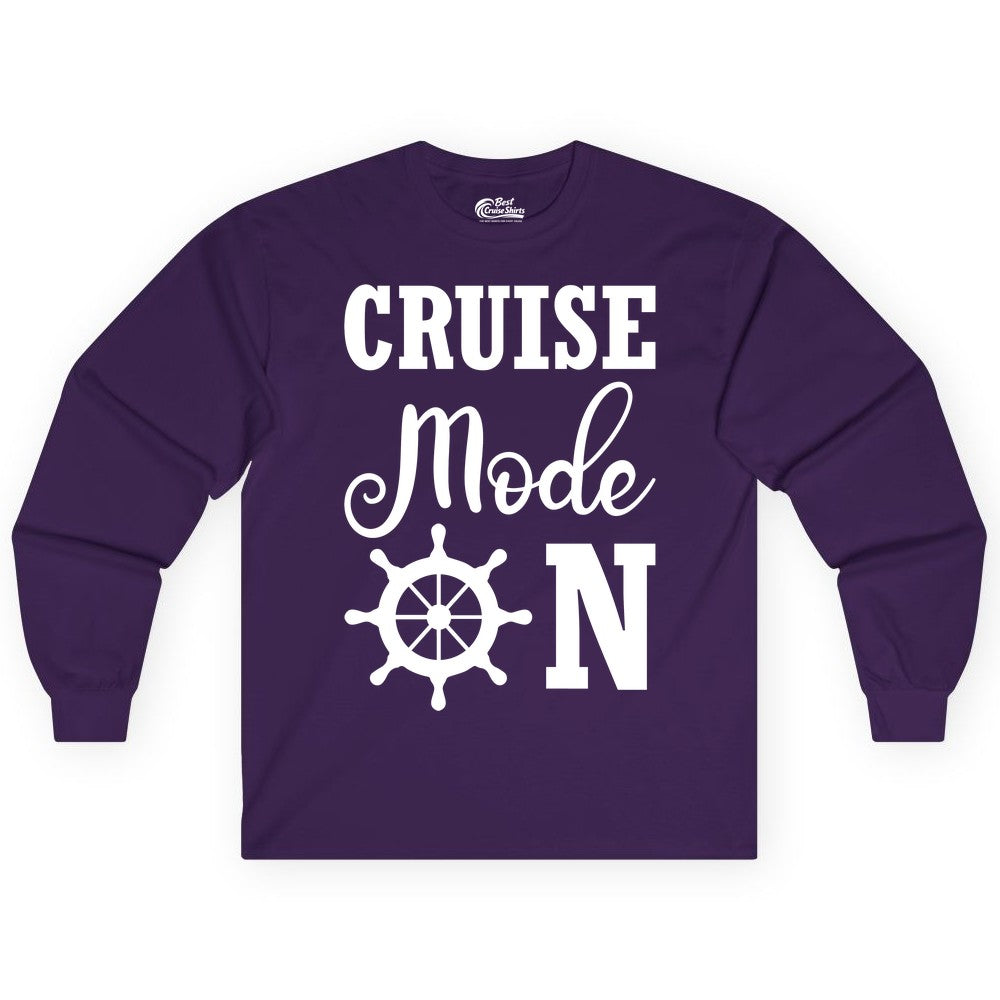 Cruise Mode On Shirt - Nautical Vacation Shirt for Cruise Travelers (Long Sleeve) in Purple - Cruise Mode On Shirt With Nautical Wheel Bold Vacation Design