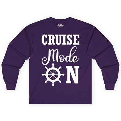 Cruise Mode On Shirt - Nautical Vacation Shirt for Cruise Travelers (Long Sleeve) in Purple - Cruise Mode On Shirt With Nautical Wheel Bold Vacation Design