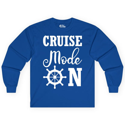 Cruise Mode On Shirt - Nautical Vacation Shirt for Cruise Travelers (Long Sleeve) in Royal - Cruise Mode On Shirt With Nautical Wheel Bold Vacation Design