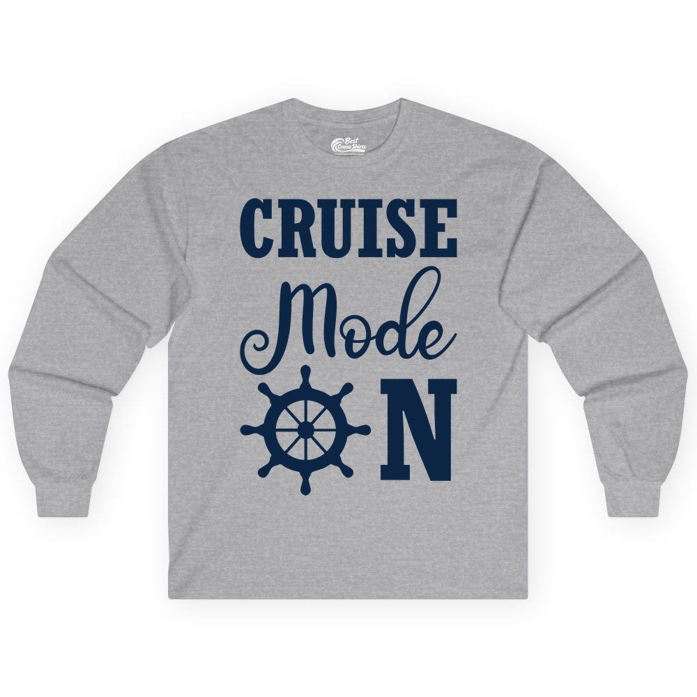 Cruise Mode On Shirt - Nautical Vacation Shirt for Cruise Travelers (Long Sleeve) in Sport Grey - Cruise Mode On Shirt With Nautical Wheel Bold Vacation Design