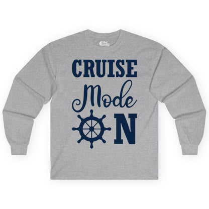 Cruise Mode On Shirt - Nautical Vacation Shirt for Cruise Travelers (Long Sleeve) in Sport Grey - Cruise Mode On Shirt With Nautical Wheel Bold Vacation Design