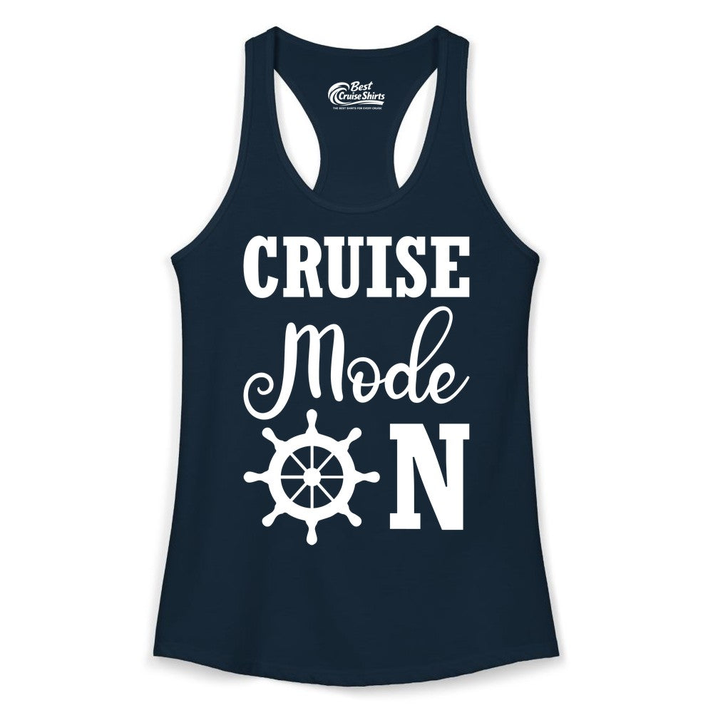Cruise Mode On Shirt - Nautical Vacation Shirt for Cruise Travelers (Ladies Tank) in Solid Midnight Navy - Cruise Mode On Shirt With Nautical Wheel Bold Vacation Design