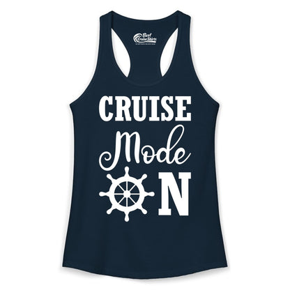 Cruise Mode On Shirt - Nautical Vacation Shirt for Cruise Travelers (Ladies Tank) in Solid Midnight Navy - Cruise Mode On Shirt With Nautical Wheel Bold Vacation Design