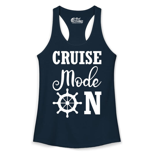 Cruise Mode On Shirt - Nautical Vacation Shirt for Cruise Travelers (Ladies Tank) in Solid Midnight Navy - Cruise Mode On Shirt With Nautical Wheel Bold Vacation Design
