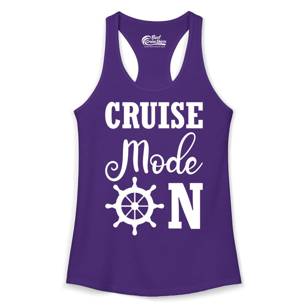 Cruise Mode On Shirt - Nautical Vacation Shirt for Cruise Travelers (Ladies Tank) in Solid Purple Rush - Cruise Mode On Shirt With Nautical Wheel Bold Vacation Design