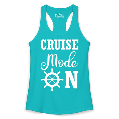 Cruise Mode On Shirt - Nautical Vacation Shirt for Cruise Travelers (Ladies Tank) in Tahiti Blue - Cruise Mode On Shirt With Nautical Wheel Bold Vacation Design