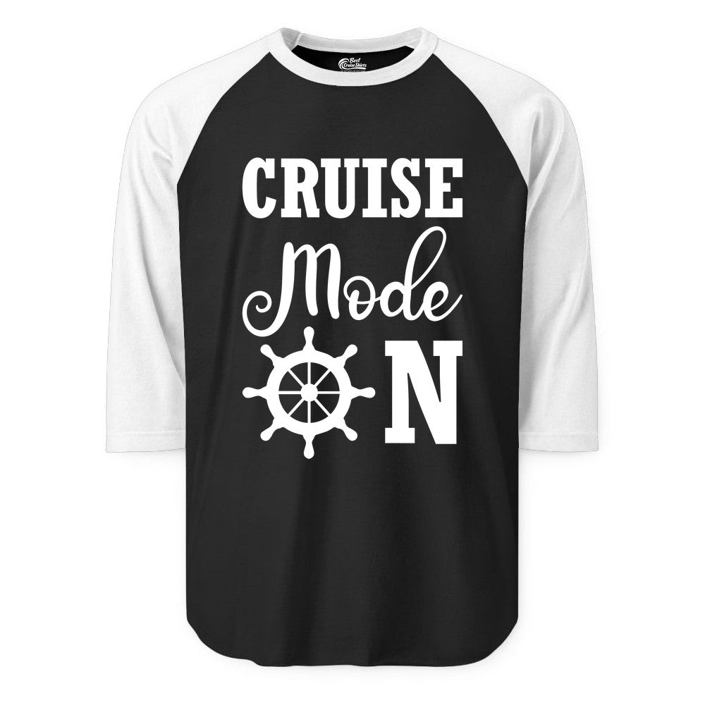 Cruise Mode On Shirt - Nautical Vacation Shirt for Cruise Travelers (Raglan) in BlackWhite - Cruise Mode On Shirt With Nautical Wheel Bold Vacation Design