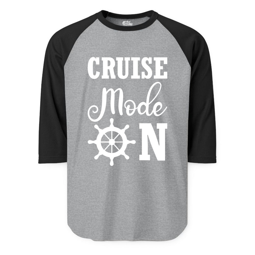 Cruise Mode On Shirt - Nautical Vacation Shirt for Cruise Travelers (Raglan) in Heather GreyBlack - Cruise Mode On Shirt With Nautical Wheel Bold Vacation Design