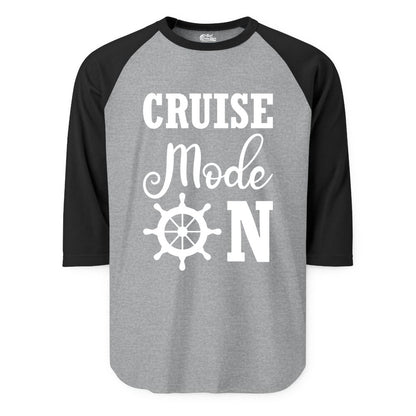 Cruise Mode On Shirt - Nautical Vacation Shirt for Cruise Travelers (Raglan) in Heather GreyBlack - Cruise Mode On Shirt With Nautical Wheel Bold Vacation Design