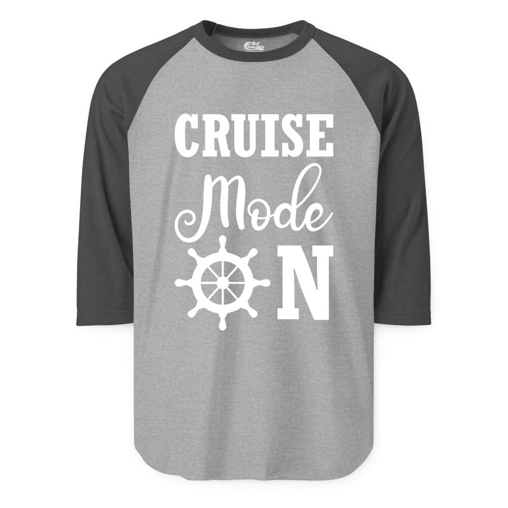Cruise Mode On Shirt - Nautical Vacation Shirt for Cruise Travelers (Raglan) in Heather GreyHeather Charcoal - Cruise Mode On Shirt With Nautical Wheel Bold Vacation Design
