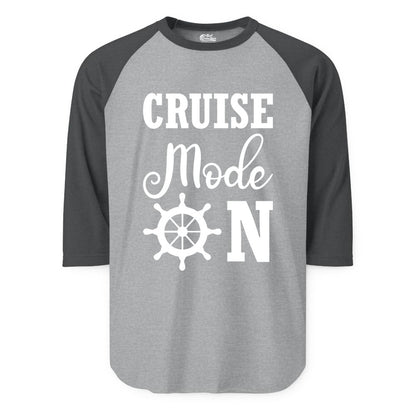 Cruise Mode On Shirt - Nautical Vacation Shirt for Cruise Travelers (Raglan) in Heather GreyHeather Charcoal - Cruise Mode On Shirt With Nautical Wheel Bold Vacation Design