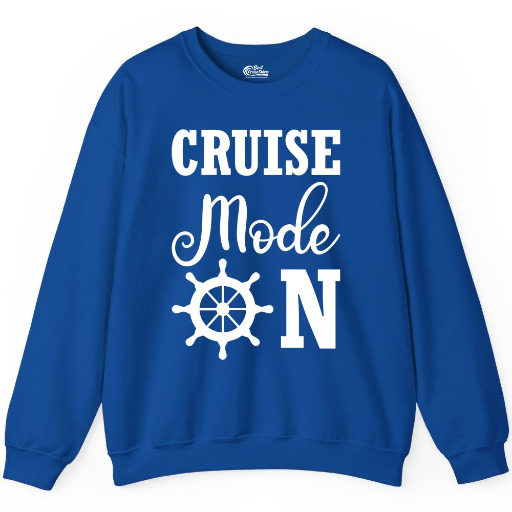 Cruise Mode On Shirt - Nautical Vacation Shirt for Cruise Travelers (Sweatshirt) in Royal - Cruise Mode On Shirt With Nautical Wheel Bold Vacation Design
