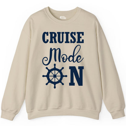 Cruise Mode On Shirt - Nautical Vacation Shirt for Cruise Travelers (Sweatshirt) in Sand - Cruise Mode On Shirt With Nautical Wheel Bold Vacation Design