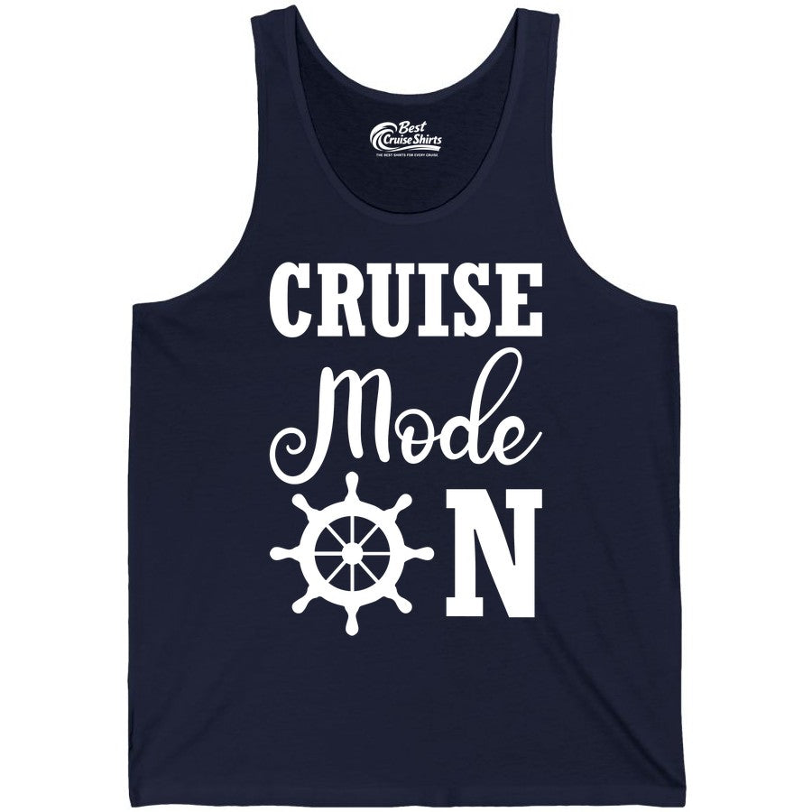 Cruise Mode On Shirt - Nautical Vacation Shirt for Cruise Travelers (Tank Top) in Navy - Cruise Mode On Shirt With Nautical Wheel Bold Vacation Design