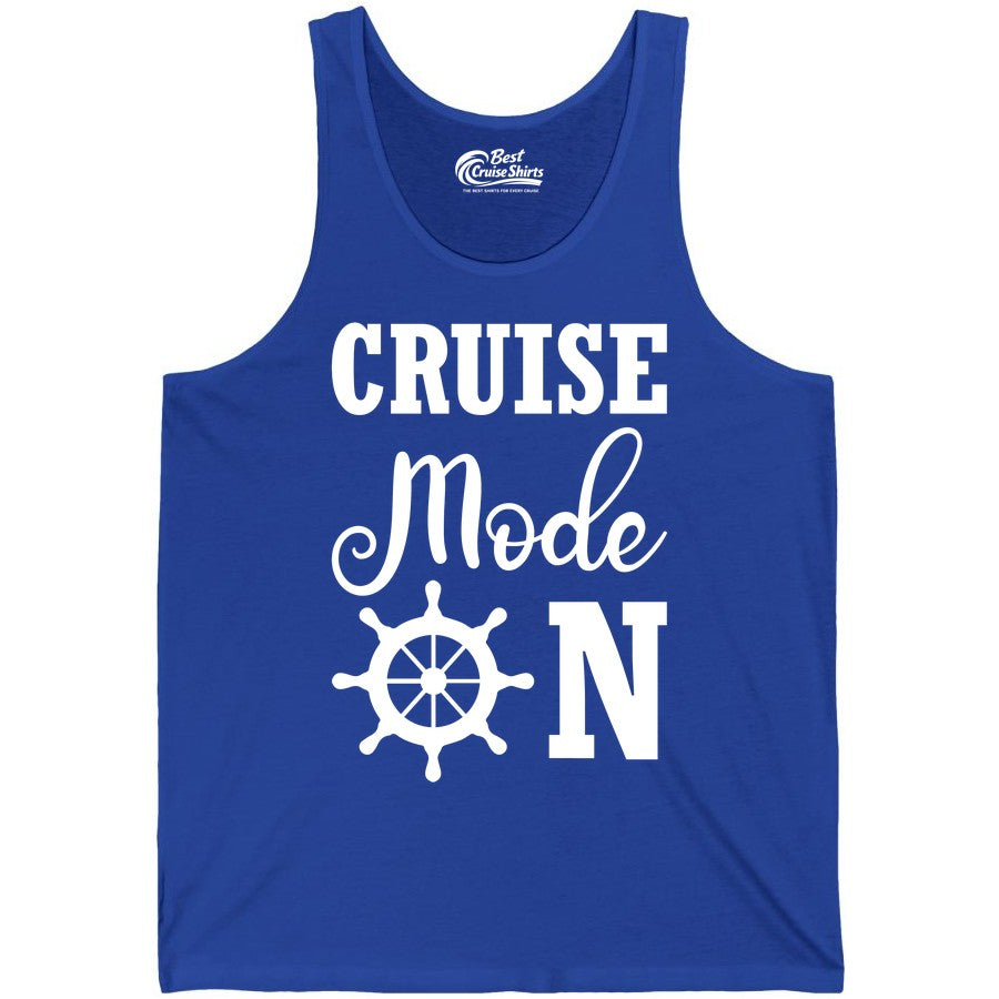 Cruise Mode On Shirt - Nautical Vacation Shirt for Cruise Travelers (Tank Top) in True Royal - Cruise Mode On Shirt With Nautical Wheel Bold Vacation Design