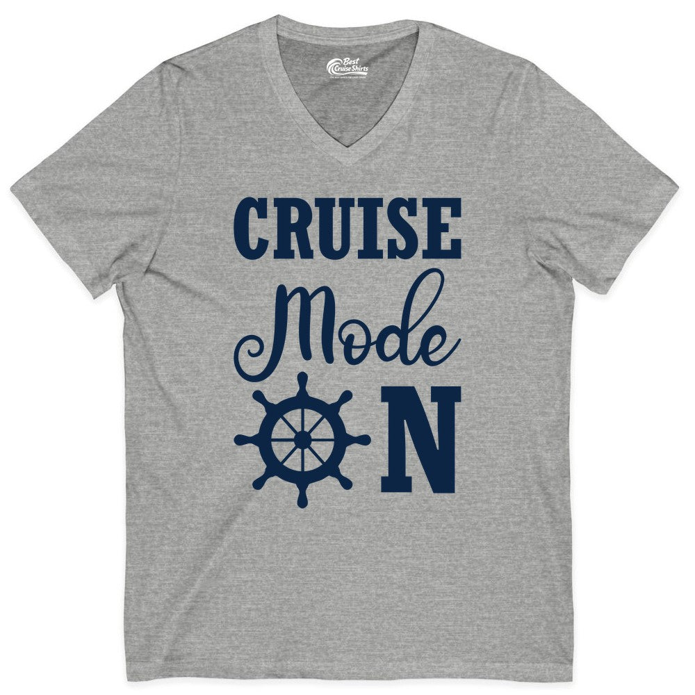 Cruise Mode On Shirt - Nautical Vacation Shirt for Cruise Travelers (V-Neck) in Athletic Heather - Cruise Mode On Shirt With Nautical Wheel Bold Vacation Design