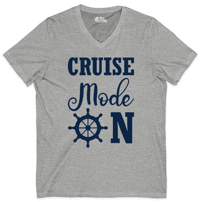 Cruise Mode On Shirt - Nautical Vacation Shirt for Cruise Travelers (V-Neck) in Athletic Heather - Cruise Mode On Shirt With Nautical Wheel Bold Vacation Design