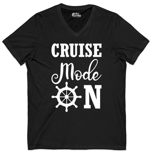Cruise Mode On Shirt - Nautical Vacation Shirt for Cruise Travelers (V-Neck) in Black - Cruise Mode On Shirt With Nautical Wheel Bold Vacation Design