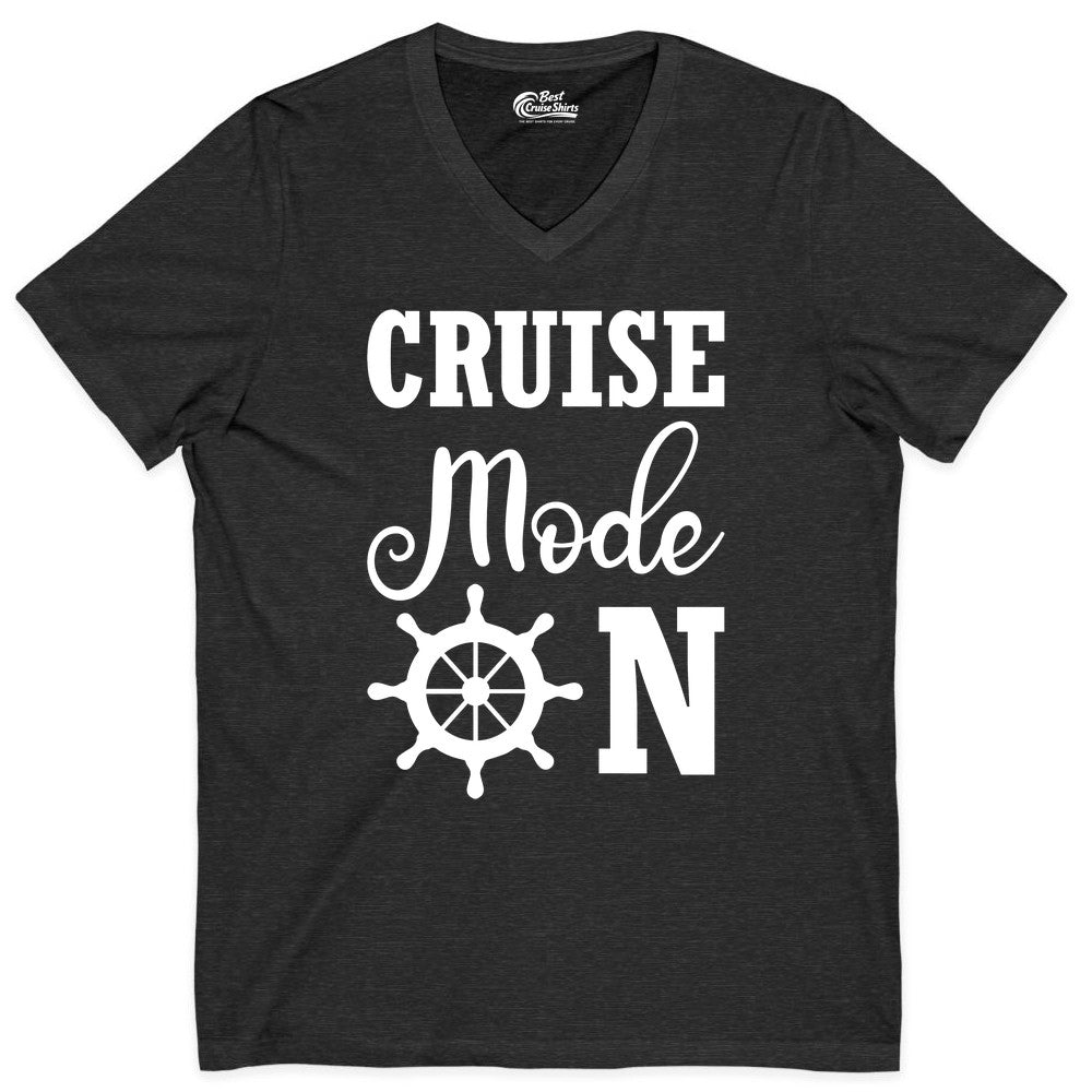Cruise Mode On Shirt - Nautical Vacation Shirt for Cruise Travelers (V-Neck) in Dark Grey Heather - Cruise Mode On Shirt With Nautical Wheel Bold Vacation Design