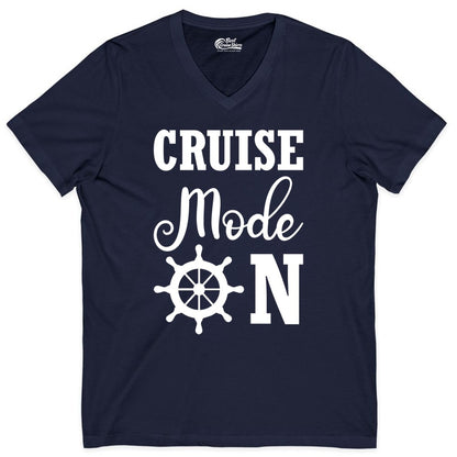 Cruise Mode On Shirt - Nautical Vacation Shirt for Cruise Travelers (V-Neck) in Navy - Cruise Mode On Shirt With Nautical Wheel Bold Vacation Design