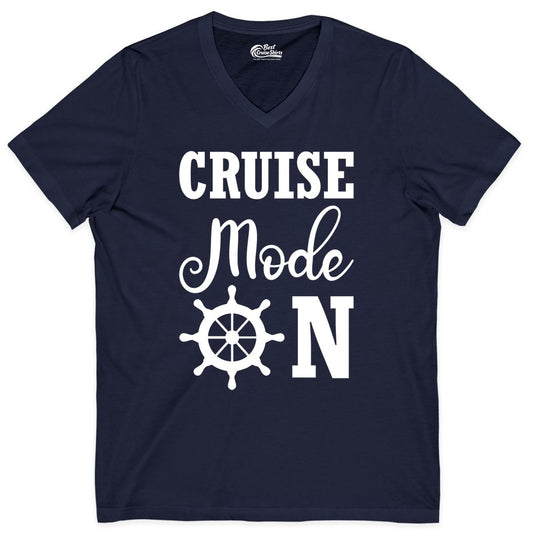 Cruise Mode On Shirt - Nautical Vacation Shirt for Cruise Travelers (V-Neck) in Navy - Cruise Mode On Shirt With Nautical Wheel Bold Vacation Design
