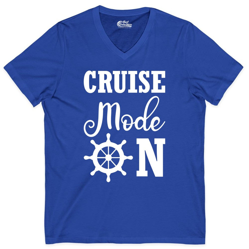 Cruise Mode On Shirt - Nautical Vacation Shirt for Cruise Travelers (V-Neck) in True Royal - Cruise Mode On Shirt With Nautical Wheel Bold Vacation Design