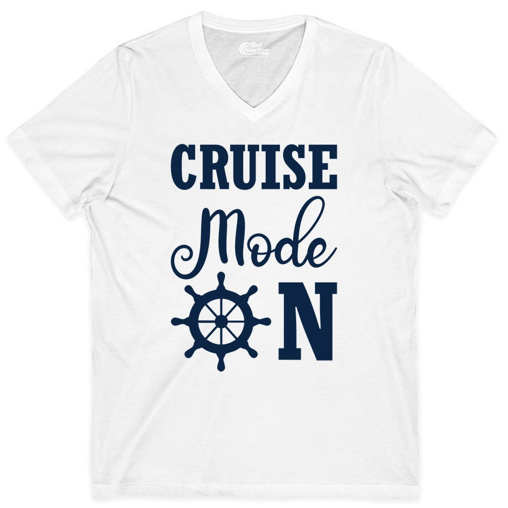 Cruise Mode On Shirt - Nautical Vacation Shirt for Cruise Travelers (V-Neck) in White - Cruise Mode On Shirt With Nautical Wheel Bold Vacation Design