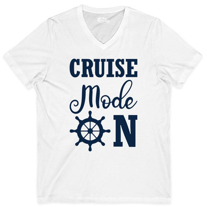 Cruise Mode On Shirt - Nautical Vacation Shirt for Cruise Travelers (V-Neck) in White - Cruise Mode On Shirt With Nautical Wheel Bold Vacation Design